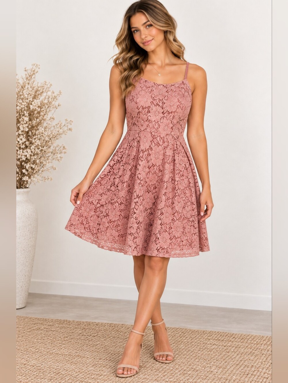 No Boundaries XL Dusty Rose Lace Midi Dress Spaghetti Strap Romantic